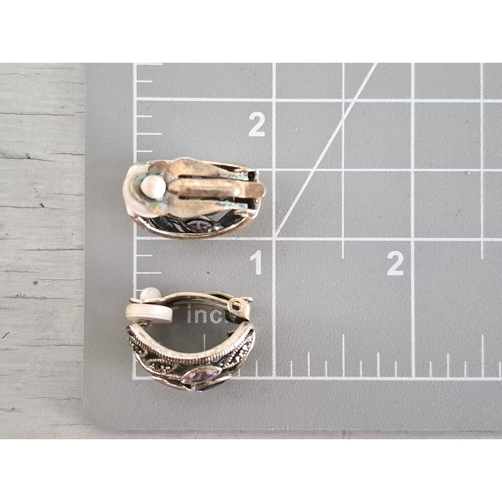 Vintage Sterling Silver Pastel Stone and Marcasite Clip On Earrings - Picture 5 of 5